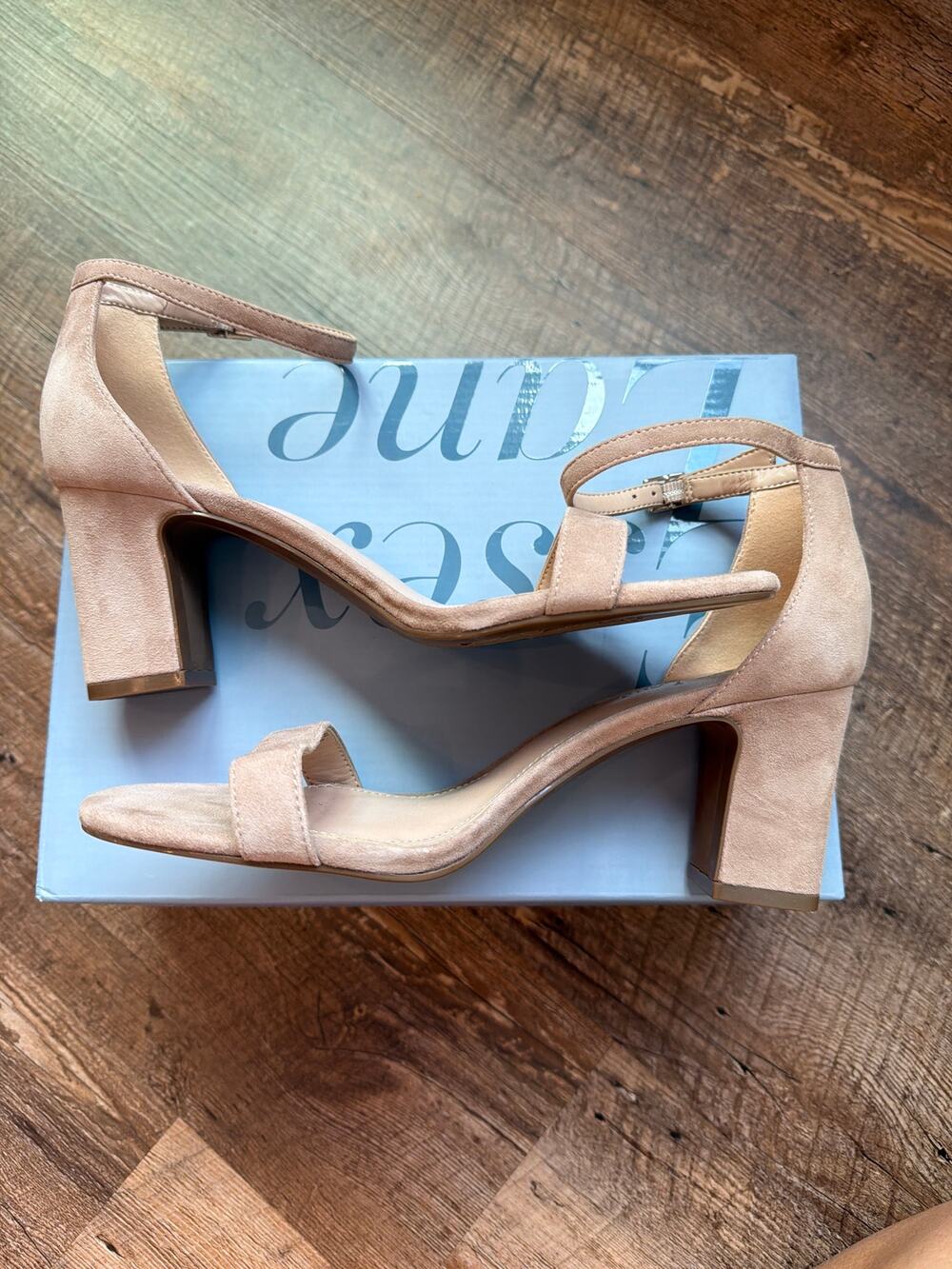 Essex Lane Taupe "El-Saria" block heel suede strappy heel 7.5M